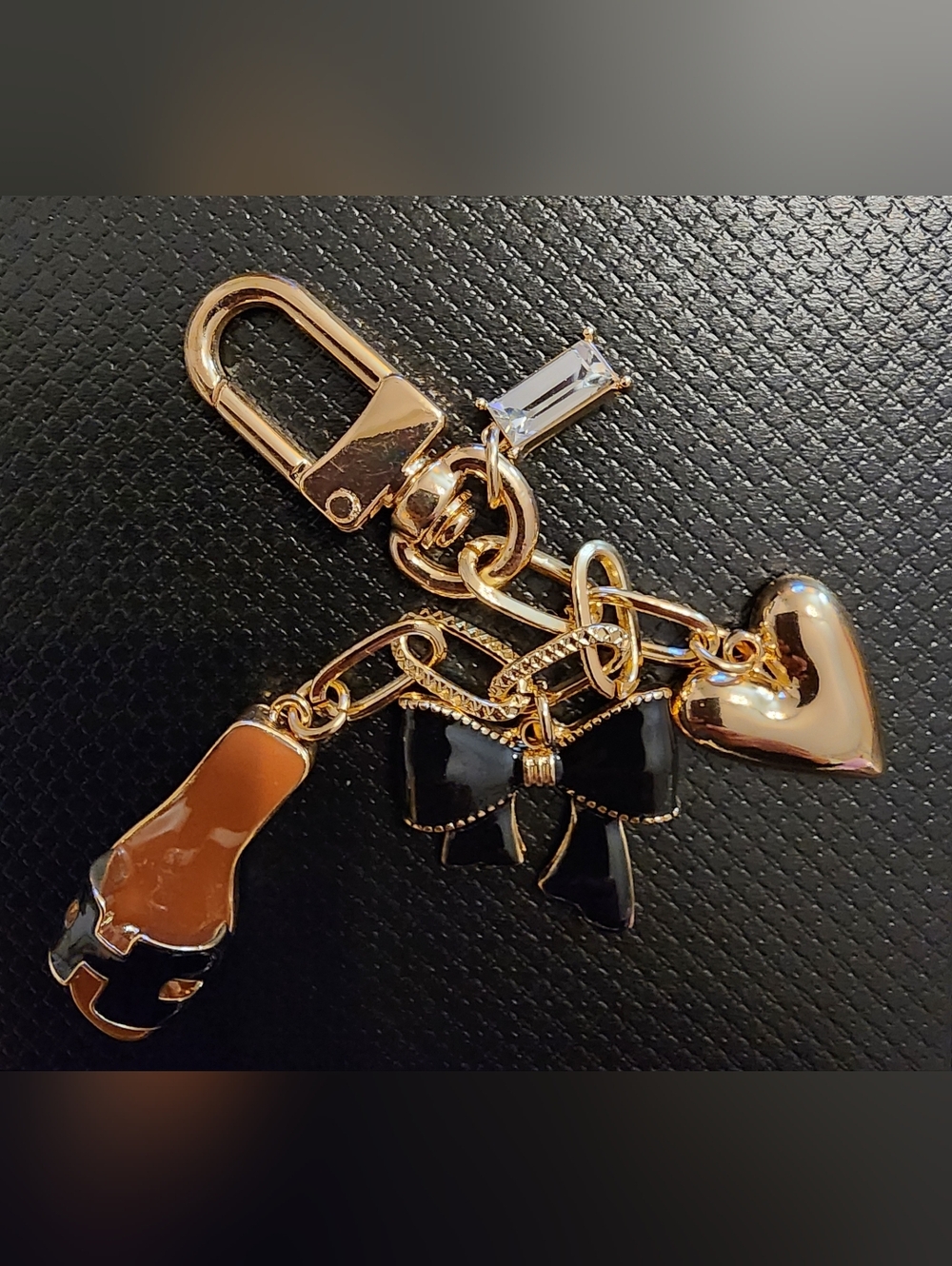 Gold-tone Black Bow & Charm Keychain